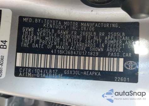 2007 Toyota Avalon Limited from USA, damaged, VIN 4T1BK36B47U171829